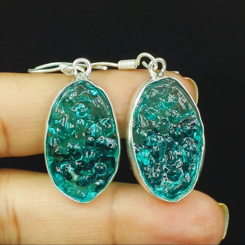 Impresionantes pendientes de regalo de joyería de piedras preciosas de moldavita natural de plata 925 Foto 1 de 1