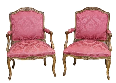 Pair Provincial French Country Walnut Carved Arm Chairs Rose Silk Damask Fabric - Image 1 of 4