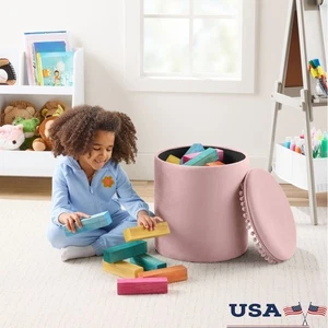 Pom Pom Storage Ottoman Kids Toy Organizer Velvet Upholstered Round Footrest New - Picture 1 of 9
