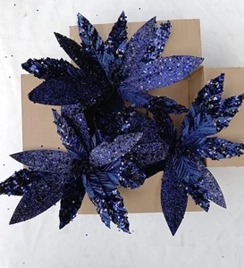 Navy Blue Christmas Flowers Clip on Tree Ornament Glitter 26cm Decorations x 3 - Picture 1 of 6