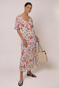 Vestido RIXO Evie Floral Universitario Amapola Seda Midi Corbata Talla Grande UK 14 - Imagen 1 de 10