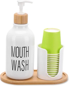 Mouthwash Dispenser with Cup Holder, Plastic White Mouth Wash Pump Bottle with T - Picture 1 of 7
