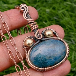 Neon Apatite Cat Shape Copper Wire Wrapped Handmade Jewelry Pendant Necklace - Picture 1 of 7