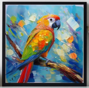ORIGINAL Oil PAINTING on Canvas Parrot Art 12x12 in Textured Artwork Impasto - Picture 1 of 10