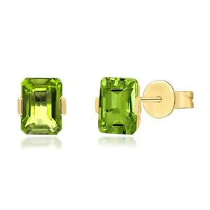 2.02 Carats Natural Emerald Cut Peridot Gemstones 10K Yellow Gold Studs Earrings - Picture 1 of 4