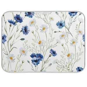 Daisy Floral Blue Dish Drying Mat for Kitchen Counter Microfiber Absorbent Di... - Picture 1 of 7