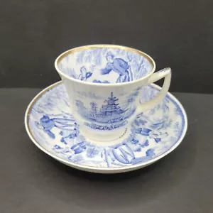 Rockingham Brameld Coffee Cup and Saucer Blue Printed Mandarin figures c1830 - Picture 1 of 10