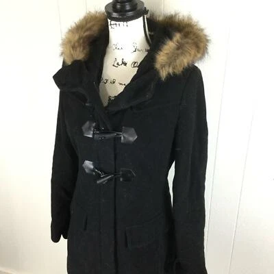 MARC NEW YORK Toggle Button Wool Black Fur Trim Hooded Coat Women's Size 4 - Image 1 of 4