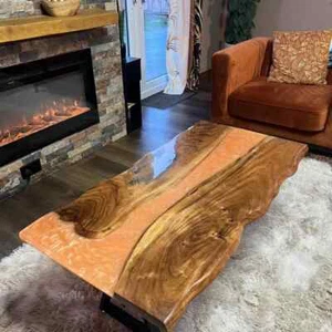 Handmade Orange Epoxy Center Table – Solid Wood Resin Furniture, Unique Modern - Picture 1 of 13