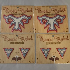 Western Cowboy Patch Collar Tips Iron On Red White Blue Rustic Rebel Lot Of 4 - Picture 1 of 4