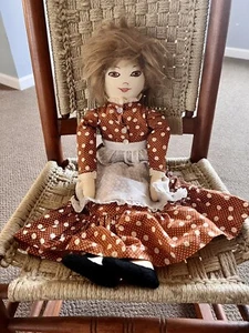 Vintage Rag Doll Handmade Hand Stitched Face Crazy Hair Flowered Dress w Apron - Picture 1 of 7
