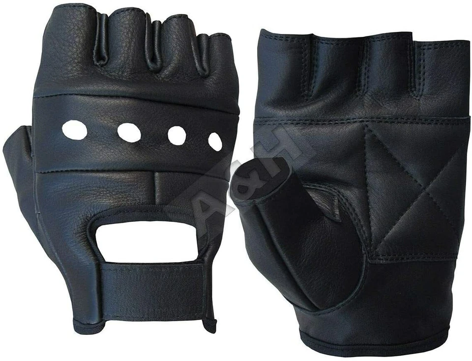 Guantes negros para conducir medio dedo de cuero sin dedos para motociclista para hombre  Foto 1 de 1