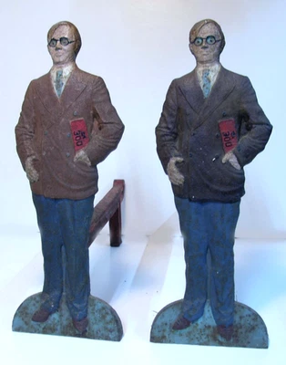 НЕОБЫЧНЫЙ ВИНТАЖНЫЙ ЧУГУННЫЙ ФИГУРНЫЙ АНДИРОН ТАИНСТВЕННЫЙ ЧЕЛОВЕК В ОЧКАХ - Изображение 1 из 4