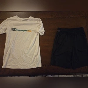 boys large Champion tee and black athletic shorts - Picture 1 of 3