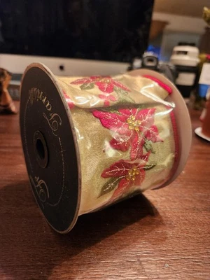 NUEVO Rollo de cinta brillante Farrisilk Poinsettia Holly, 4" x 5 yardas Foto 1 de 3