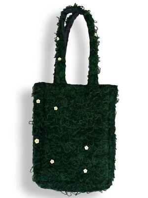 Handmade Green Felt Fabric Embroidered Mohair Cashmere Wool Yarn Flower Tote Bag - Изображение 1 из 4