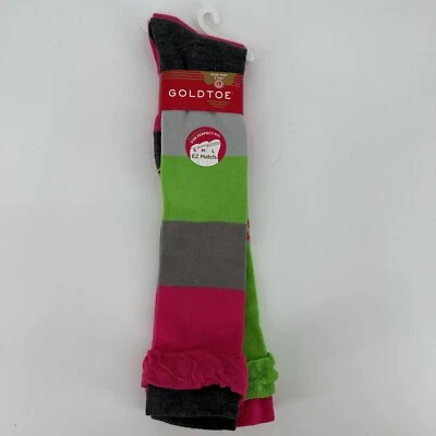 2 Pair GOLD TOE Kids Girls Knee High Socks Striped Solid Ruffle Sz Large 2-10.5 - Image 1 of 4