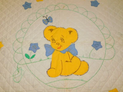 Vintage 1940s Applique Embroidered NURSERY BABY CRIB QUILT Teddy Bear UNFINISHED - Image 1 of 4