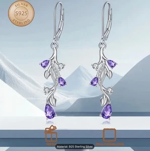 Sterling Silver Tulip Flower Teardrop Earrings Purple Cubic Zirconia Dangle Gift - Picture 1 of 6