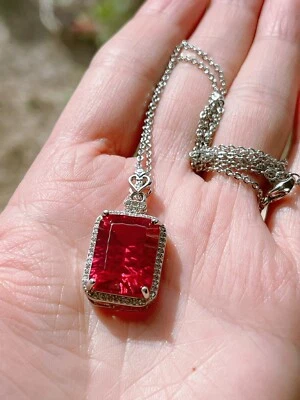 Baguette Lab-Ruby Necklace, Gold Plated Sterling Silver Necklace - Image 1 of 4