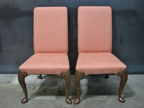 *PAIR*  Baker Furniture Chippendale Style Side Chairs; Coral Damask Upholstery Cover