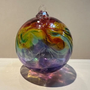Art Glass Globe Transparent Rainbow Swirl Handblown Ornament 3.75" Diameter - Picture 1 of 5