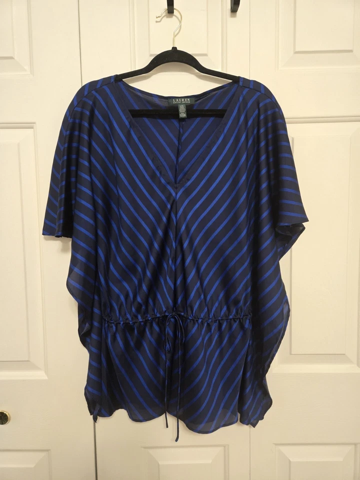 Lauren Ralph Lauren 蓝色条纹和服缎面上衣/游泳罩 L/XL 码 — 第 1/4 张图片
