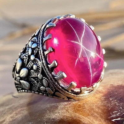 925 Sterling Silver Men's Ring yemeni silver ring six rays Ruby starياقوت نجمي - Image 1 of 4