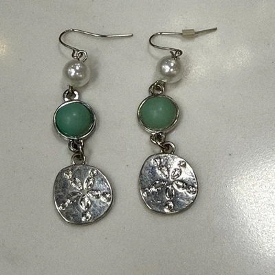 Sand Dollar Dangle Drop Earrings Faux Pearl Green Stone Silver Tone - Image 1 of 2