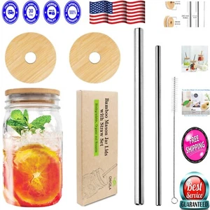 Reusable Bamboo Lids for Mason Jars with Straw Holes - Includes Steel Straws - Picture 1 of 9