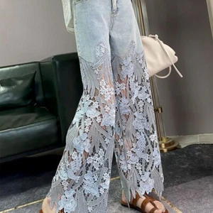 Lady Floral Hollow Out Wide-leg Denim Pants Lace Splice Jeans Straight Trousers - Picture 1 of 11