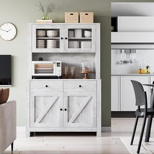 Kitchen Pantry Cabinet with Microwave Stand Freestanding Hutch with Drawers - Picture 1 of 6