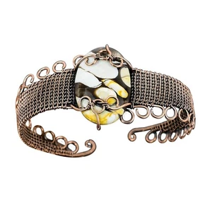 Womens day Sale Oval Peanut Wood Jasper Stone Wire Wrapping Cuff Bracelet Copper - Picture 1 of 7