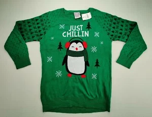 Holiday Sweater Teens XL Just Chillin Penguin Christmas Holiday Green Sweater - Picture 1 of 10