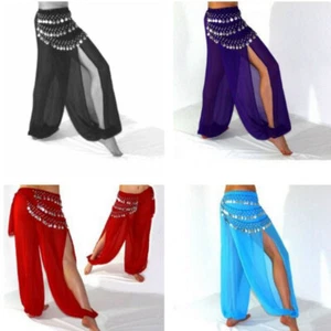 Women Chiffon Slit Harem Pants Belly Dance Harem Yoga Pants Halloween Trousers - Picture 1 of 22