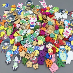 100pcs Mixed Cartoon Animal Girl Wooden Sewing Buttons 2 hole Decoration - Picture 1 of 2