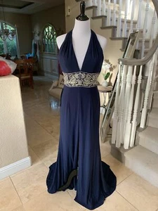 $549 NWOT NAVY HALTER SHERRI HILL PROM/PAGEANT/FORMAL DRESS/GOWN CB211282 SZ 12 - Picture 1 of 7
