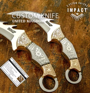 IMPACT CUTLERY RARE CUSTOM D2 FULL TANG KARAMBIT KNIFE ENGRAVED COPPER BOLSTERS - Picture 1 of 10