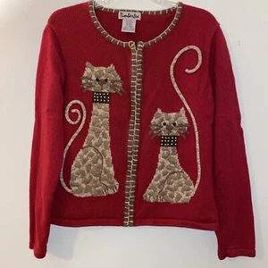 Timberlea Sweater Womens M Red Wine Zip Front Cardigan Leopard Print Cat Siamese - Picture 1 of 13