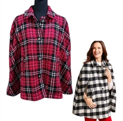 Talbots Cape Poncho Coat Plaid MP Button Front Wool Blend Woven - Image 1 of 4