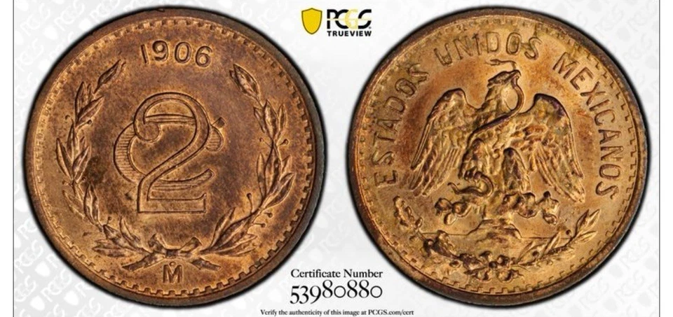 1906 MEXICO 2 CENTAVOS PCGS MS63RB COPPER COIN, NARROW DATE - Image 1 of 4