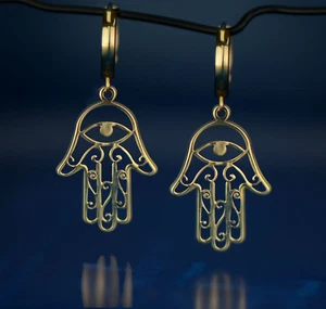 14k Yellow / White Gold Dangle Hamsa Huggie Earrings - Picture 1 of 5