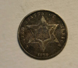 1859 US 3 Cent Piece Trime Silver Coin Low Mintage Very Fine Details
