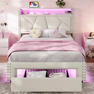White Twin Bed Frames with LED Lights, Upholstered Platform Bed Frame Twin Size - Picture 1 of 7