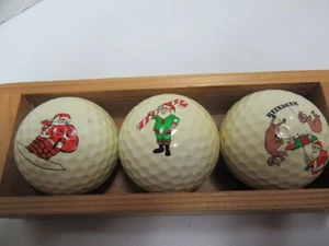 Vintage Spalding Golf Balls (3) Christmas Santa Claus In Wood Display Box  - Picture 1 of 4