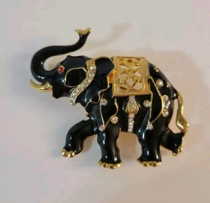 Enameled Elephant Brooch Black Gold Rhinestones Large - Bild 1 von 6