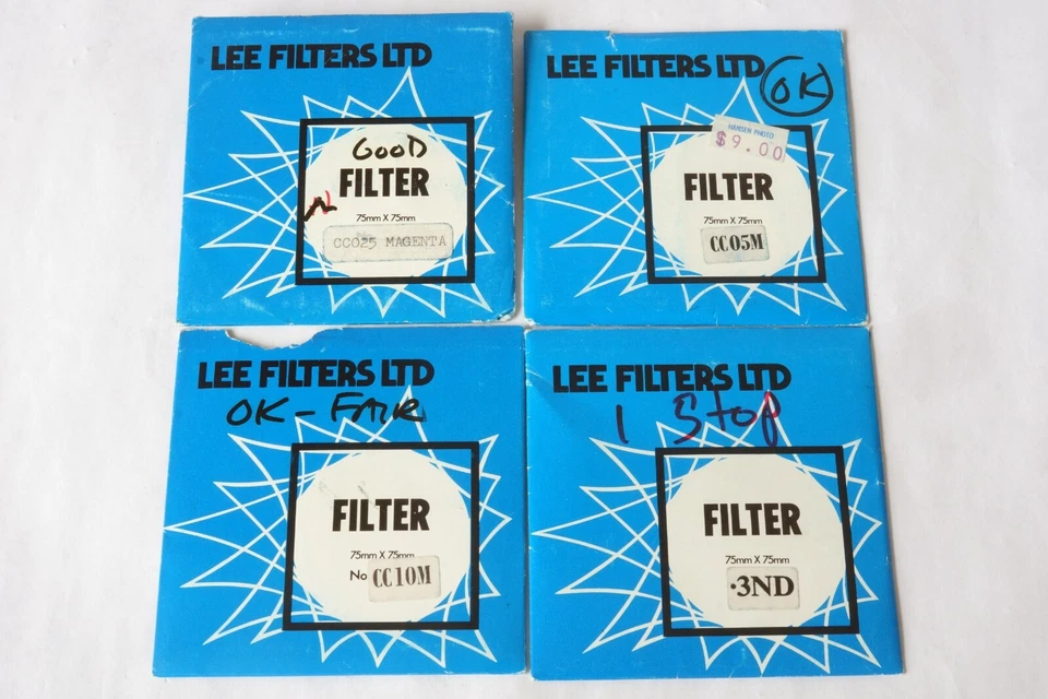 4 x Lee CC025, CC05M, CC10M,0.3ND Wratten Gelatin Filter 75mm x 75mm Barely Used - Image 1 of 2