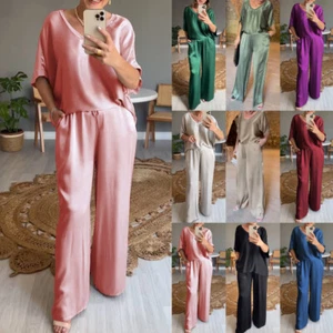Womens 2Pcs Set Summer Loose Satin Shirts Tops+Pants Co Ord Tracksuits Plus Size - Picture 1 of 17