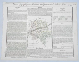 Dépt 37 - Rare Carte Géographique & Statistique Indre et Loire Aquarellée 1826  - Picture 1 of 1