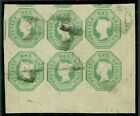 SG 55 1847-54 1/- green die 2. A rare used block of 6 with very large to huge...